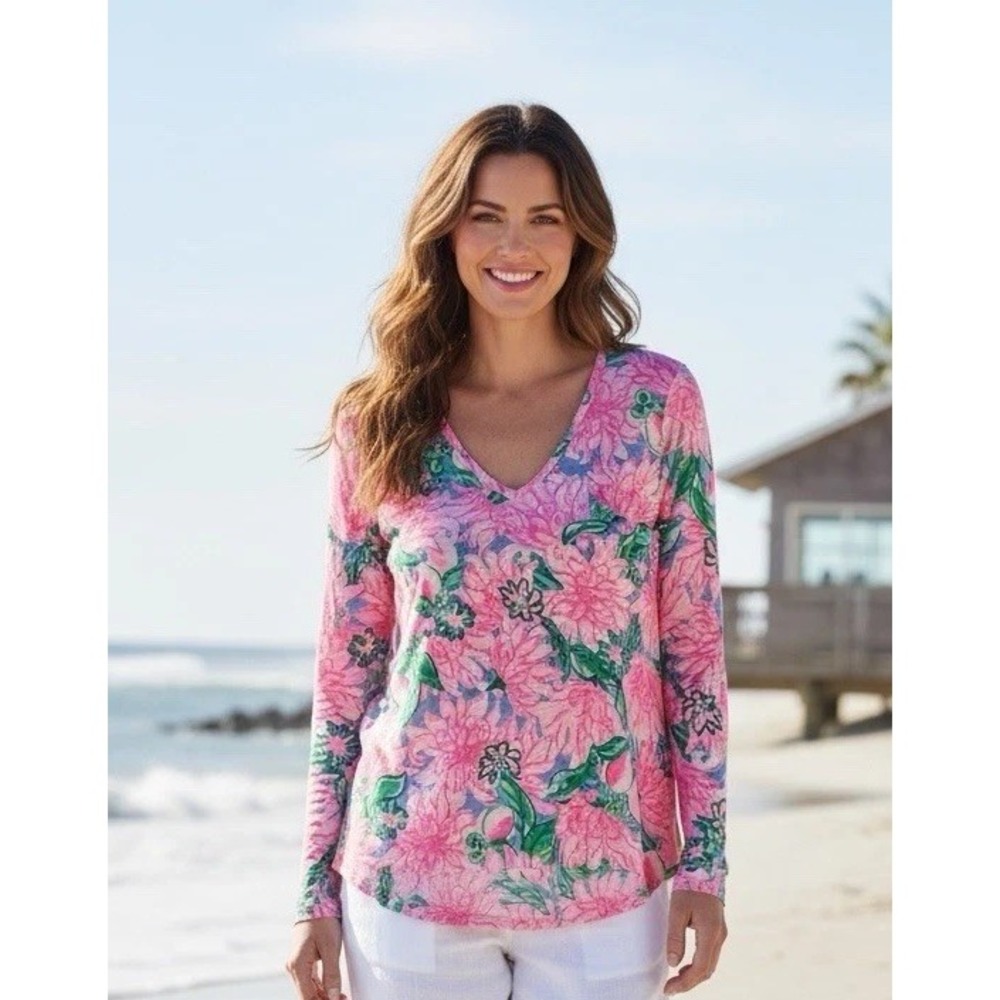 New Lilly Pulitzer Size S Etta Long Sleeve V-Neck Top Pink Blossom Blouse Shirt